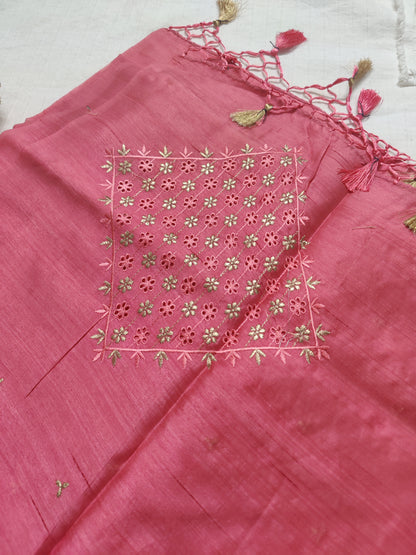 Semi raw silk designer saree with cut work borders and embroidery | Light pink | DY2