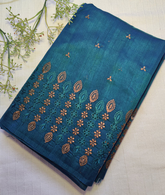 Semi raw silk designer saree with cut work borders and embroidery | Teal blue | DY4