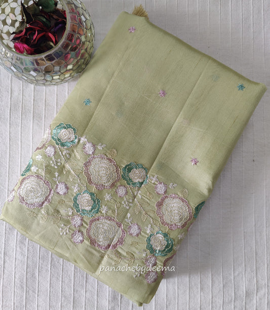 Pastel series - Look festive ready in this premium semi raw silk designer saree with beautiful embroidery | Light green | P2