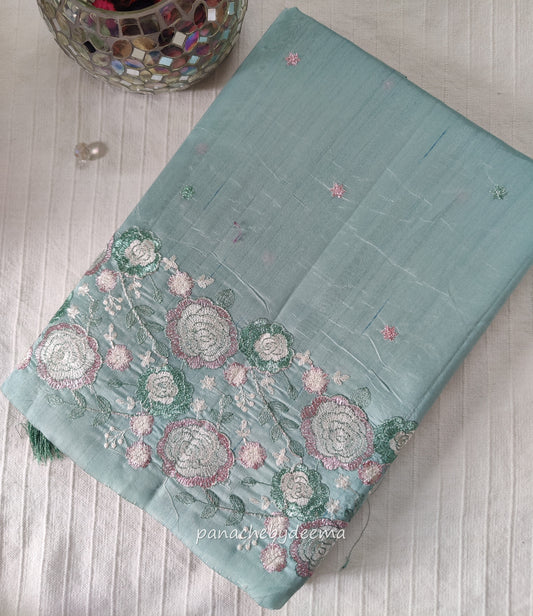 Pastel series - Look festive ready in this premium semi raw silk designer saree with beautiful embroidery | Pastel blue | P3