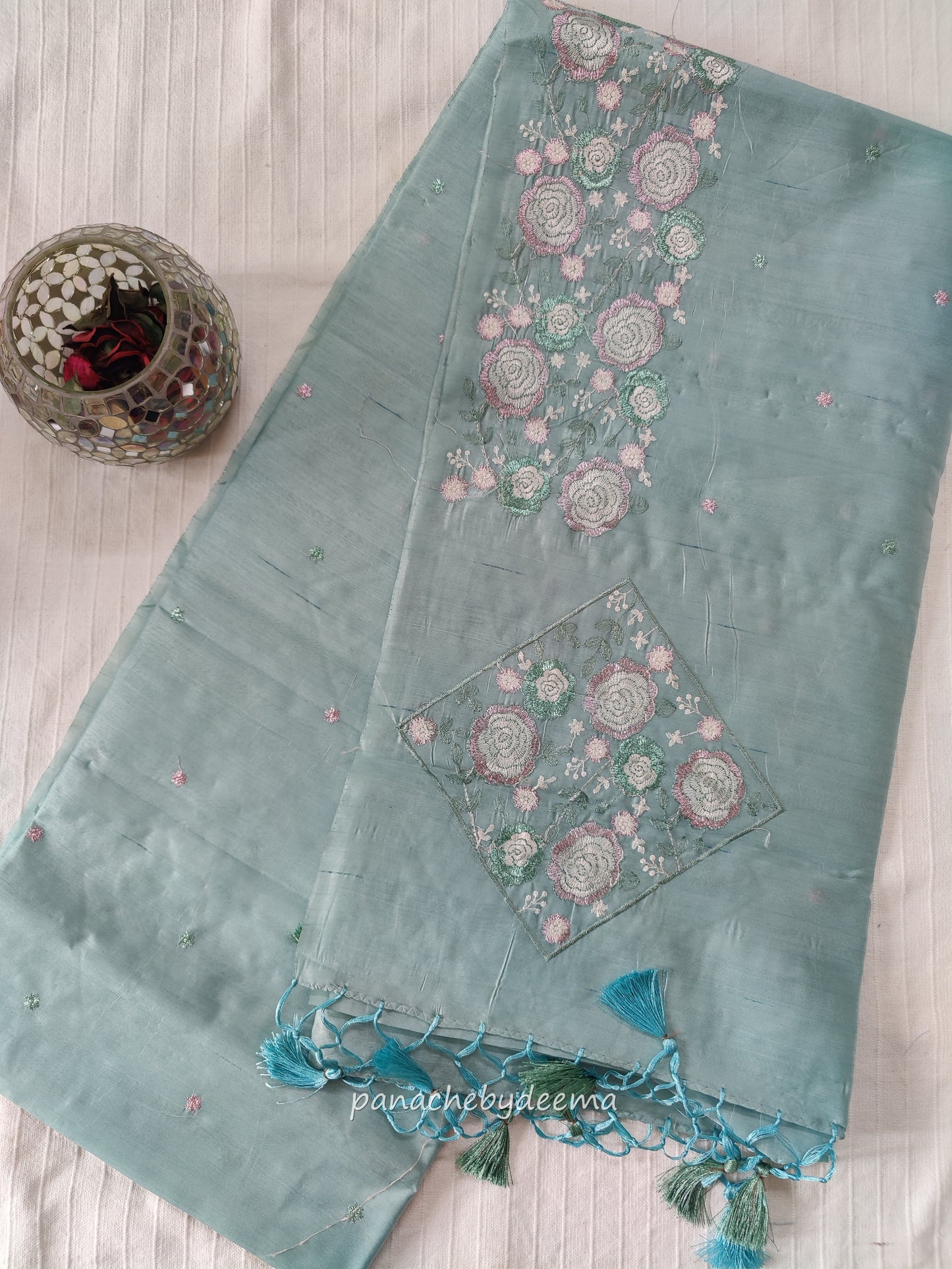 Pastel series - Look festive ready in this premium semi raw silk designer saree with beautiful embroidery | Pastel blue | P3