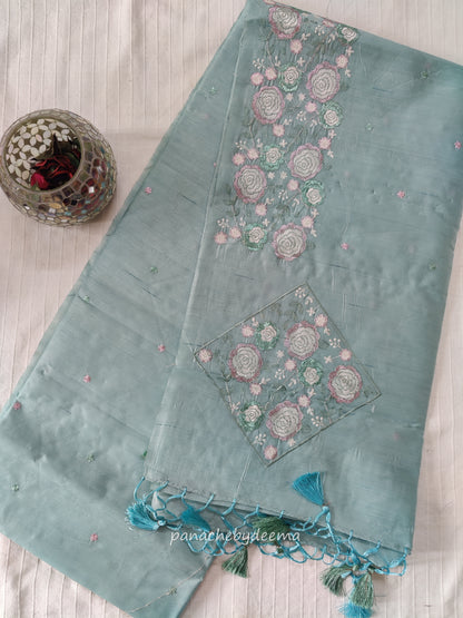Pastel series - Look festive ready in this premium semi raw silk designer saree with beautiful embroidery | Pastel blue | P3