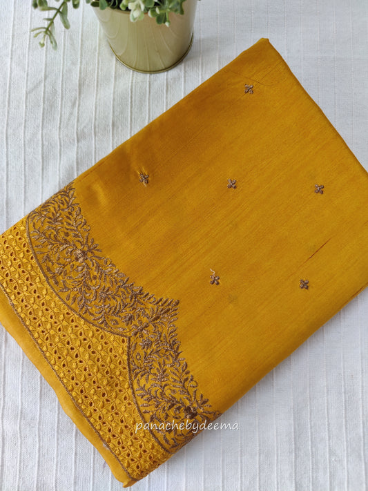 Semi raw silk designer saree with cut work borders and embroidery | Mustard yellow | DY8