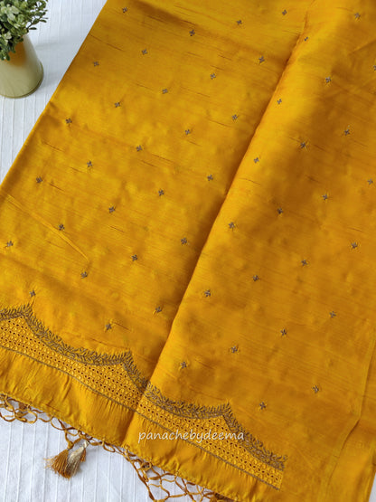 Semi raw silk designer saree with cut work borders and embroidery | Mustard yellow | DY8