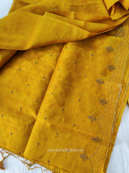 Semi raw silk designer saree with cut work borders and embroidery | Mustard yellow | DY8