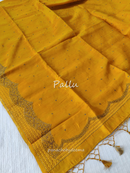 Semi raw silk designer saree with cut work borders and embroidery | Mustard yellow | DY8