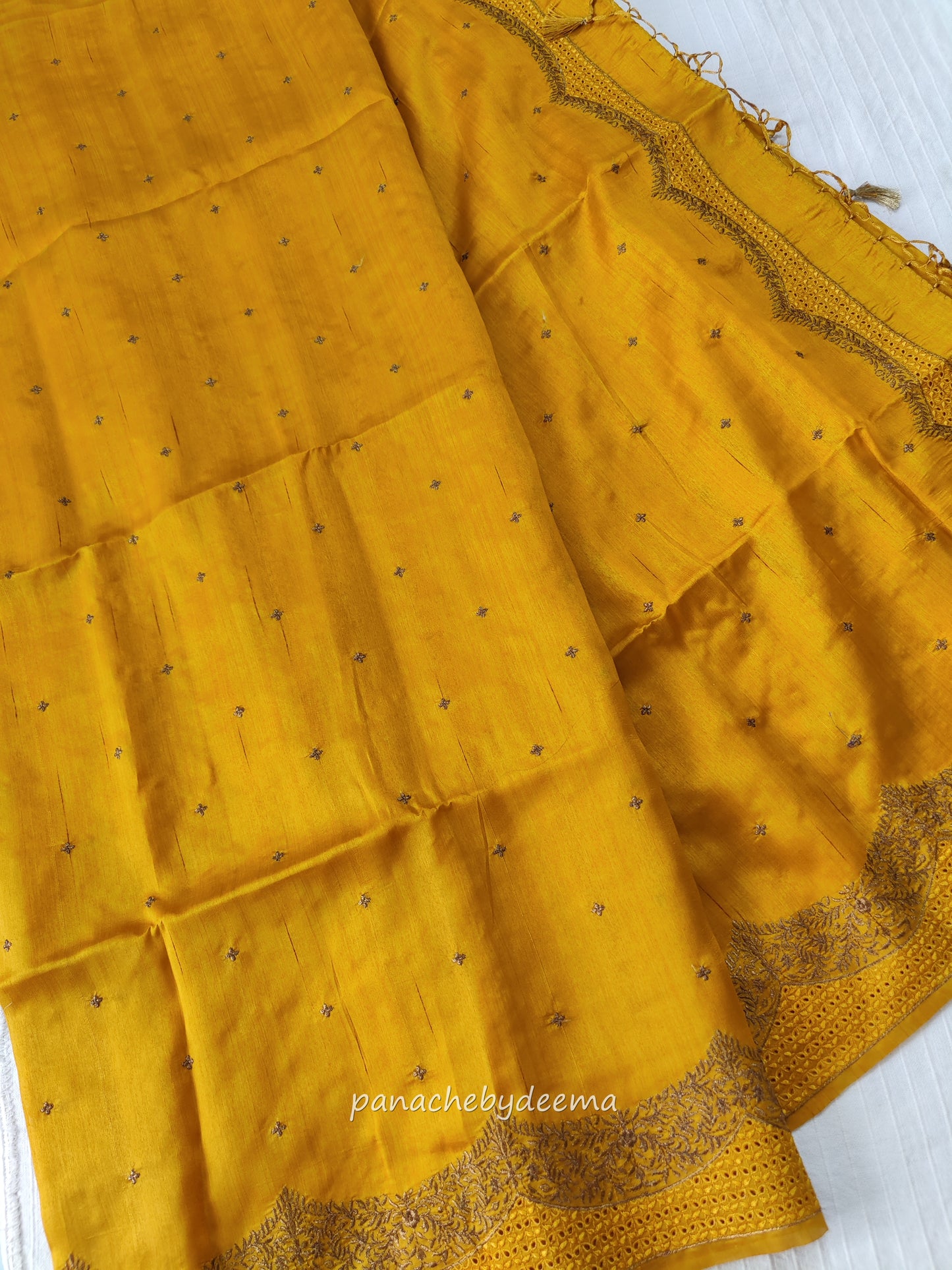 Semi raw silk designer saree with cut work borders and embroidery | Mustard yellow | DY8