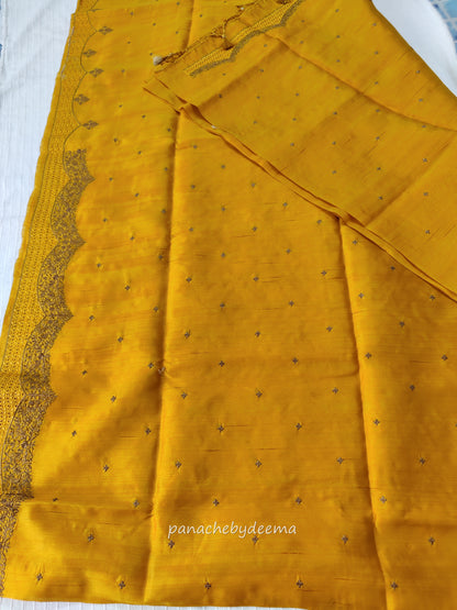 Semi raw silk designer saree with cut work borders and embroidery | Mustard yellow | DY8