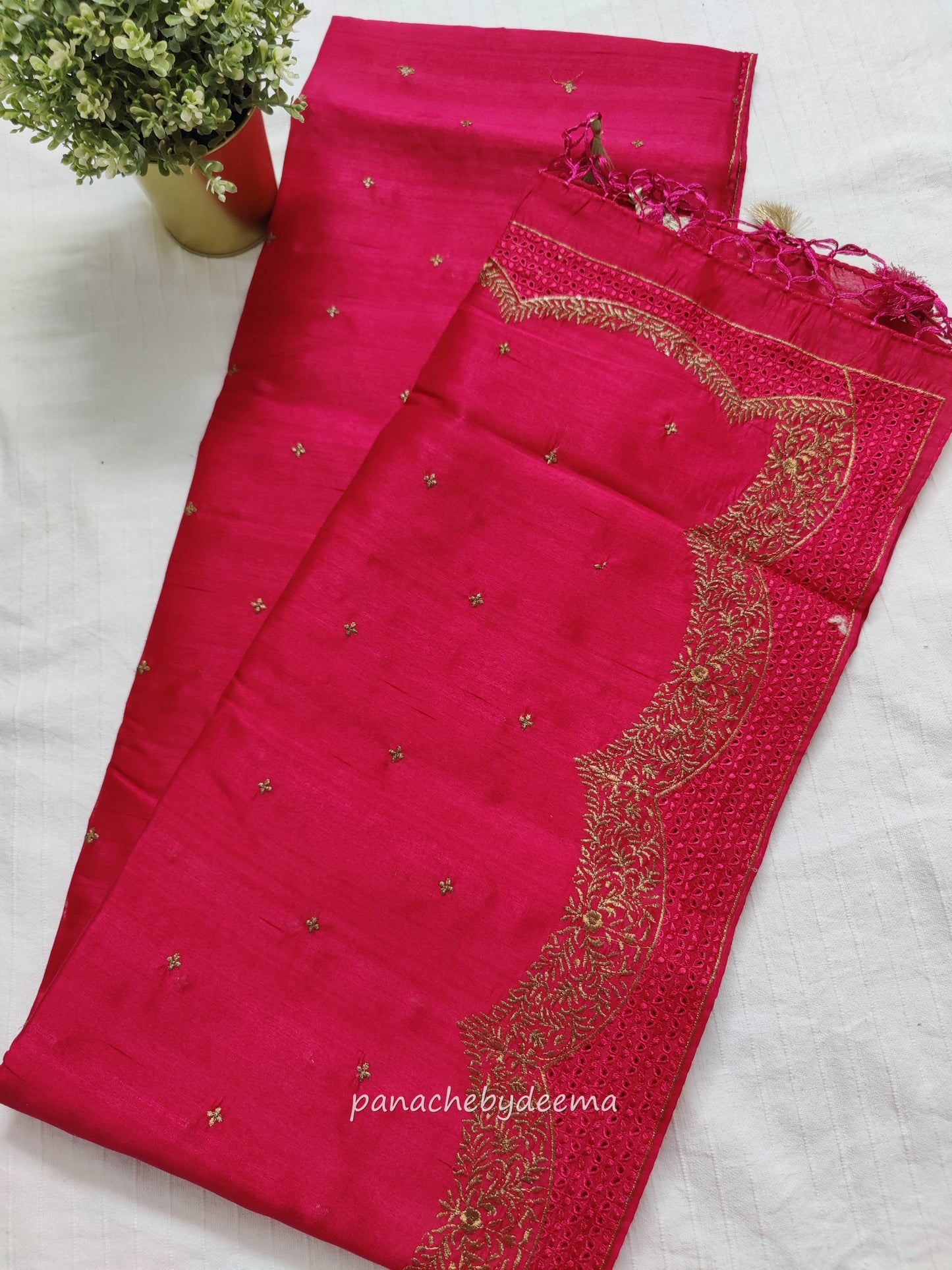 Semi raw silk designer saree with cut work borders and embroidery | Dark Pink | DY7