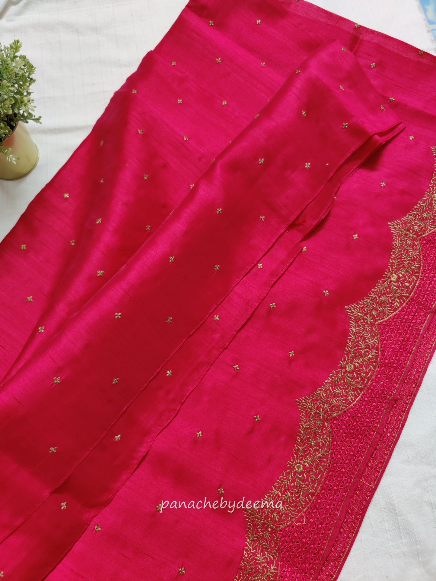 Semi raw silk designer saree with cut work borders and embroidery | Dark Pink | DY7
