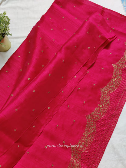 Semi raw silk designer saree with cut work borders and embroidery | Dark Pink | DY7