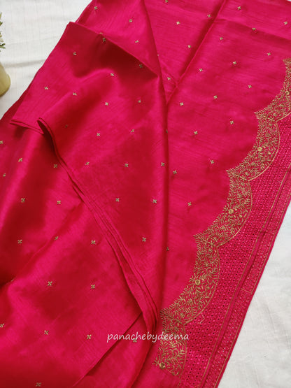 Semi raw silk designer saree with cut work borders and embroidery | Dark Pink | DY7
