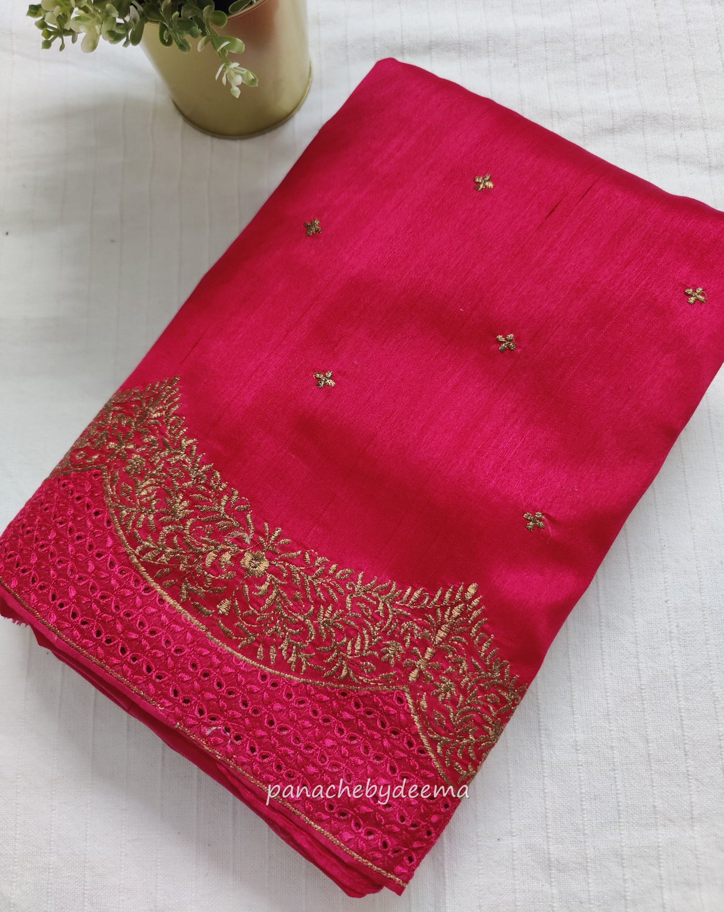 Semi raw silk designer saree with cut work borders and embroidery | Dark Pink | DY7