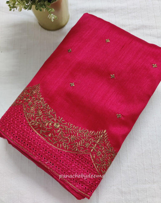 Semi raw silk designer saree with cut work borders and embroidery | Dark Pink | DY7