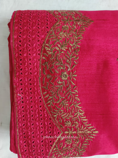 Semi raw silk designer saree with cut work borders and embroidery | Dark Pink | DY7