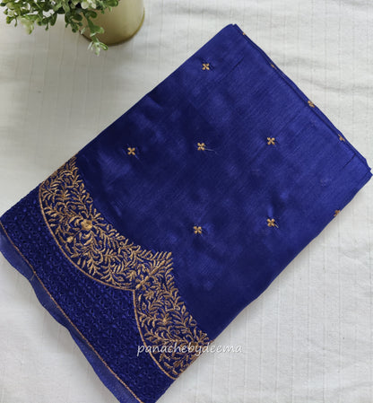 Semi raw silk designer saree with cut work borders and embroidery | Dark Blue | DY6