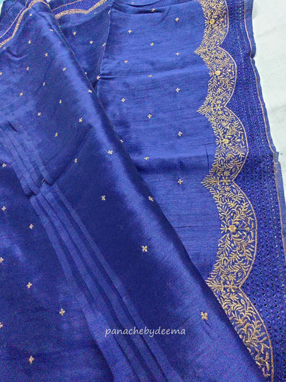 Semi raw silk designer saree with cut work borders and embroidery | Dark Blue | DY6