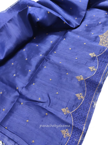 Semi raw silk designer saree with cut work borders and embroidery | Dark Blue | DY6