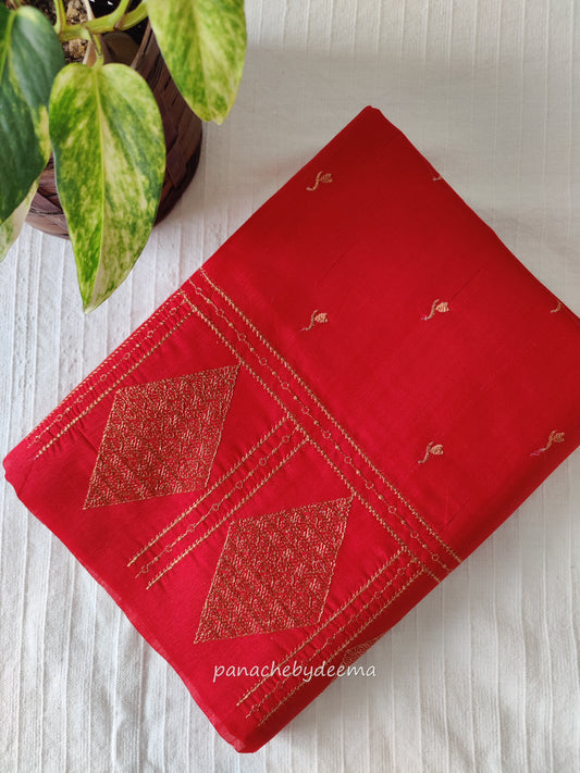 Look festive ready in this premium semi raw silk designer saree with beautiful copper zari embroidery | Red | P13