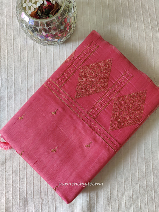 Look festive ready in this premium semi raw silk designer saree with beautiful copper zari embroidery | Light pink | P14