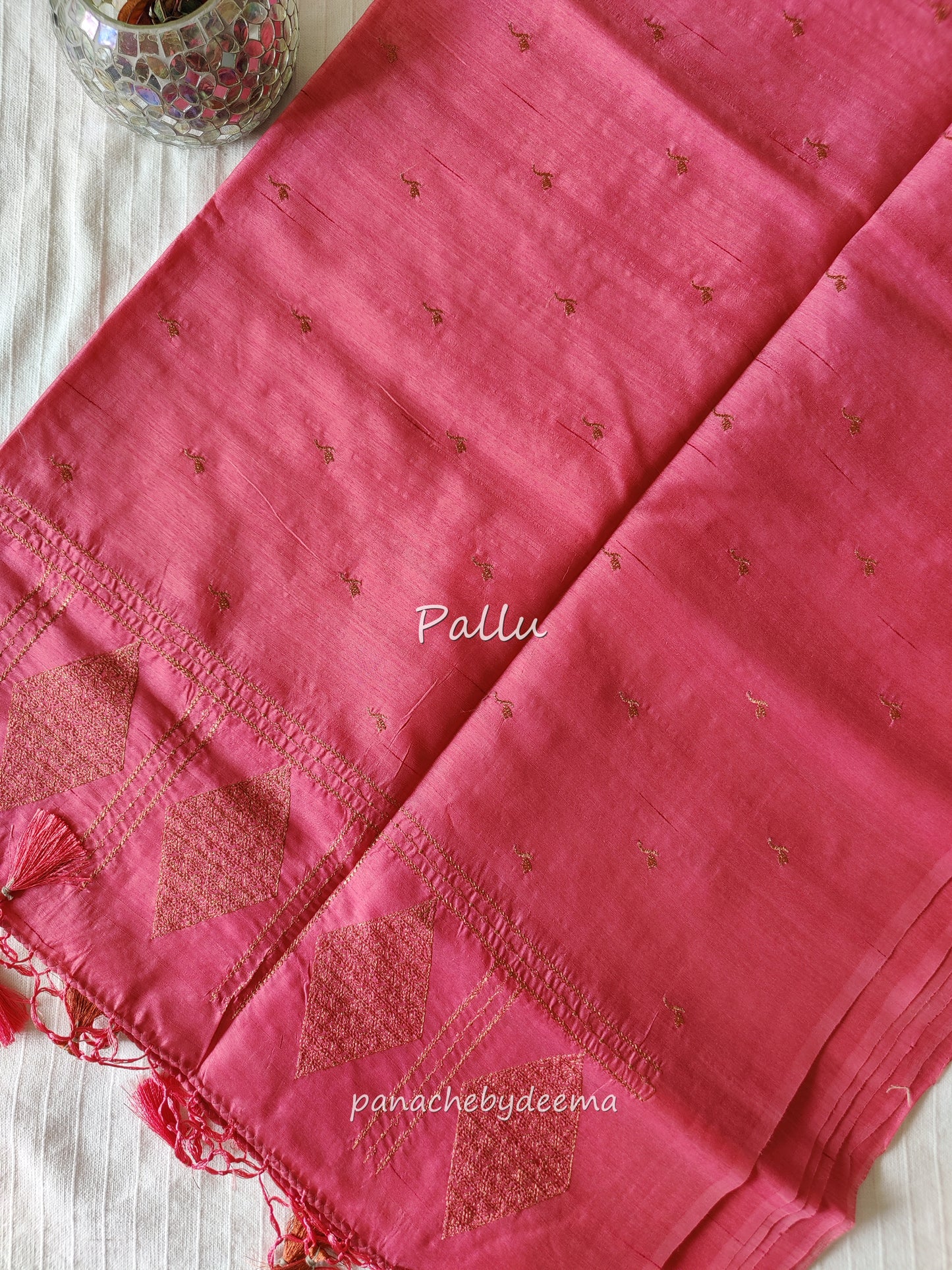 Look festive ready in this premium semi raw silk designer saree with beautiful copper zari embroidery | Light pink | P14