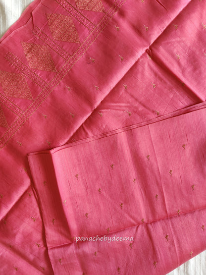 Look festive ready in this premium semi raw silk designer saree with beautiful copper zari embroidery | Light pink | P14