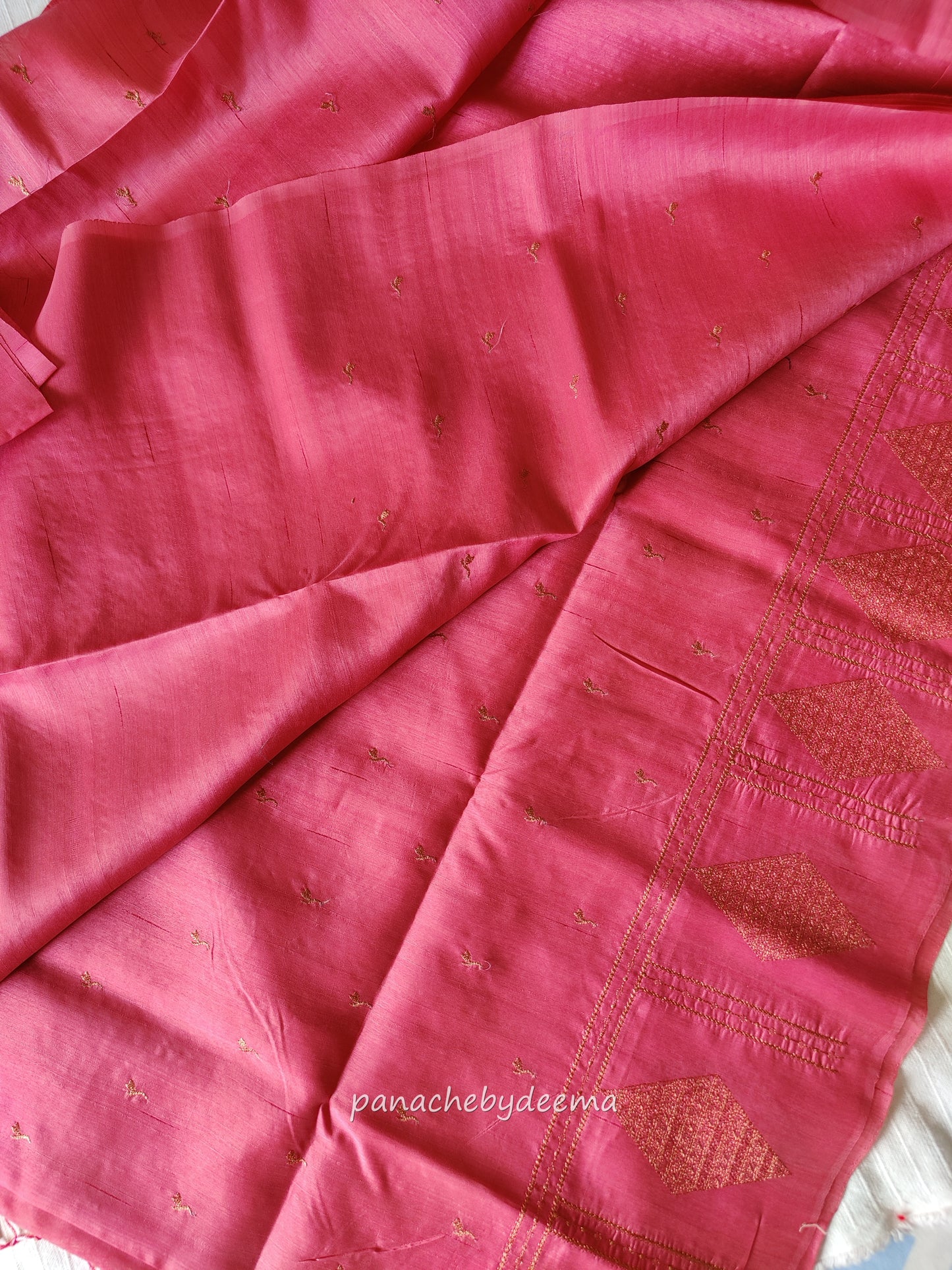 Look festive ready in this premium semi raw silk designer saree with beautiful copper zari embroidery | Light pink | P14