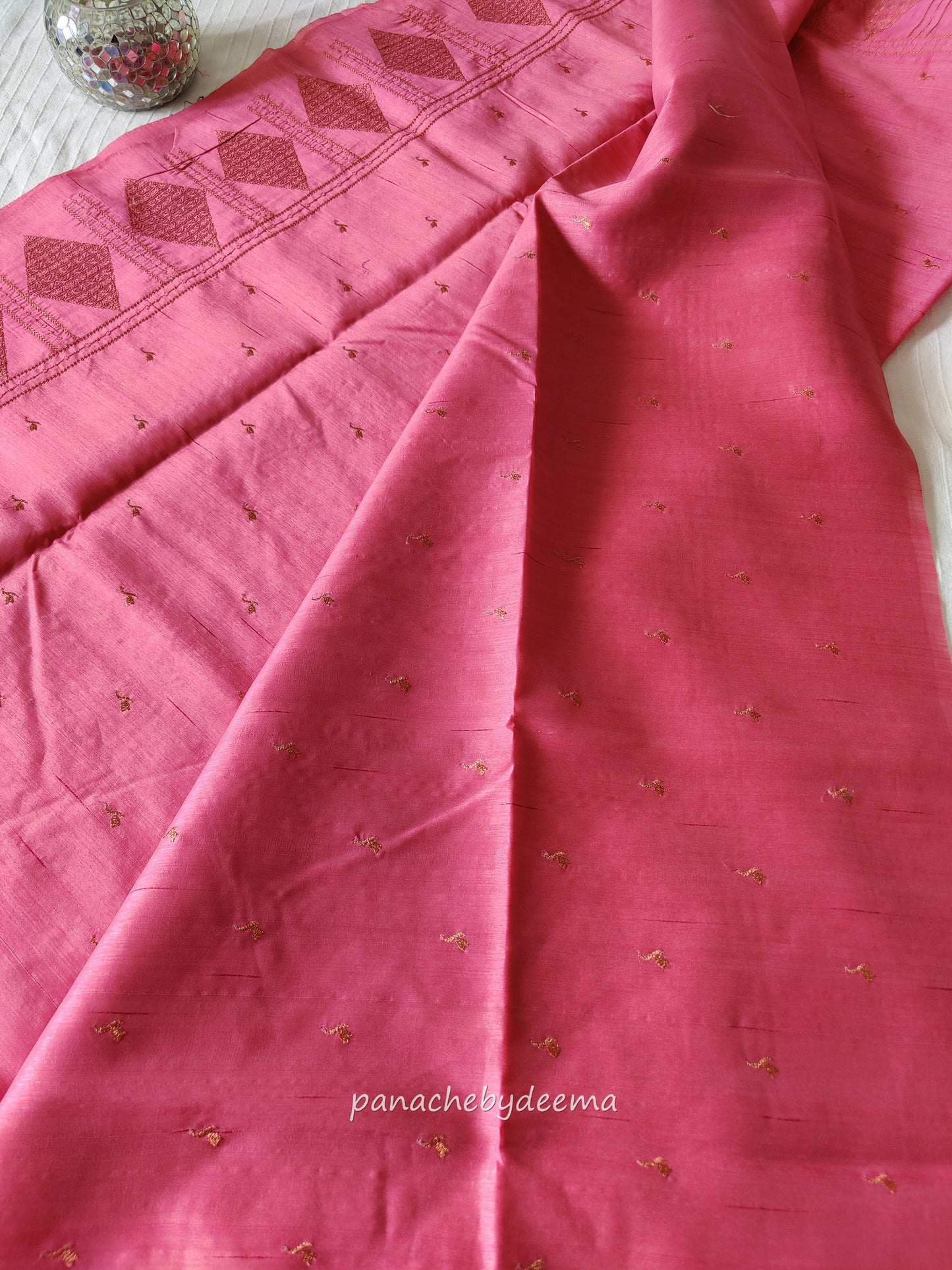 Look festive ready in this premium semi raw silk designer saree with beautiful copper zari embroidery | Light pink | P14