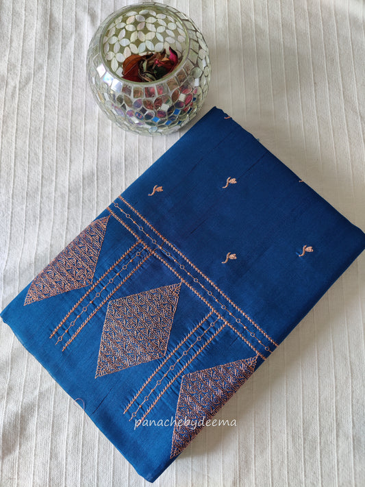 Look festive ready in this premium semi raw silk designer saree with beautiful copper zari embroidery | Teal blue | P15