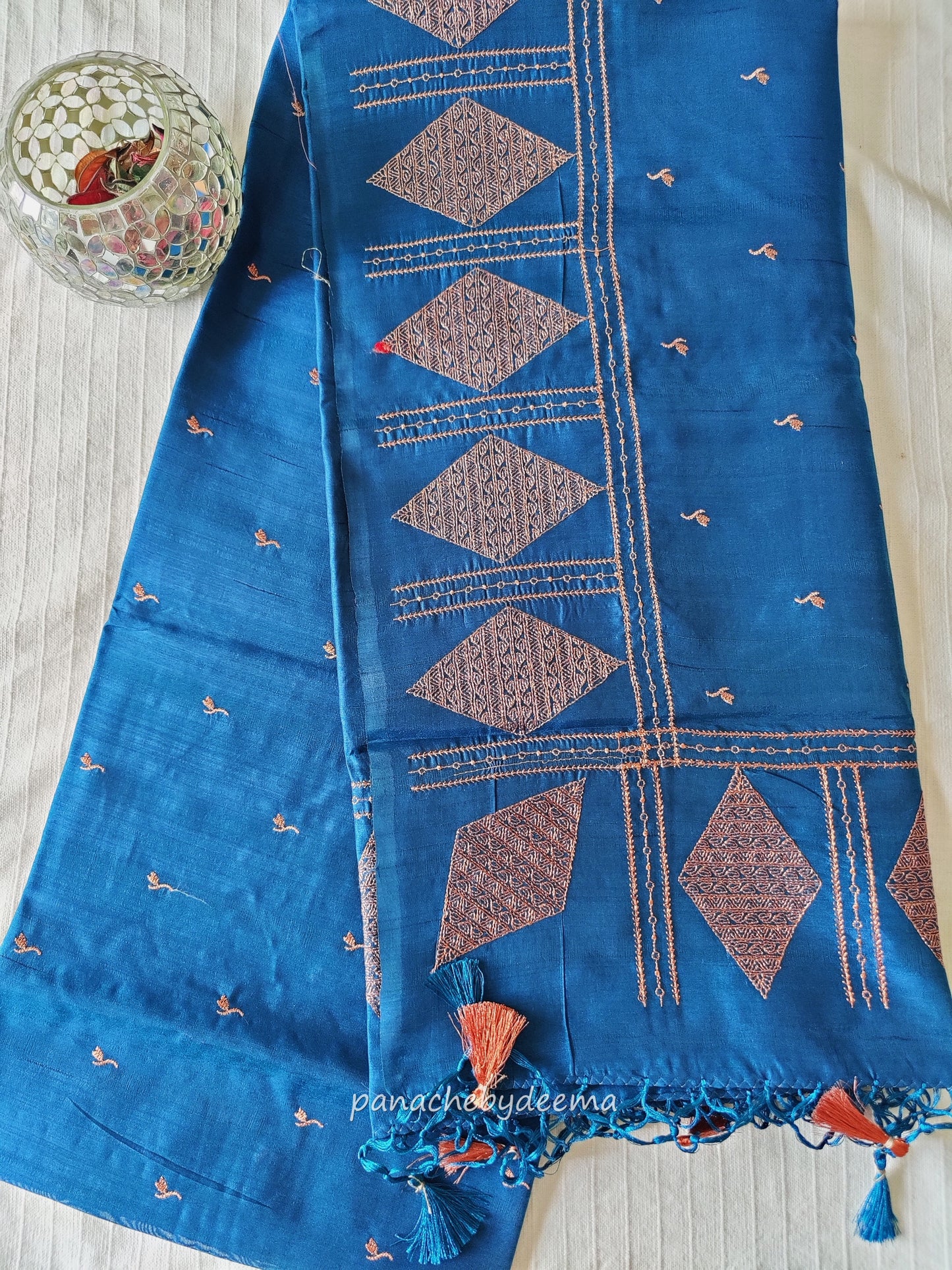 Look festive ready in this premium semi raw silk designer saree with beautiful copper zari embroidery | Teal blue | P15