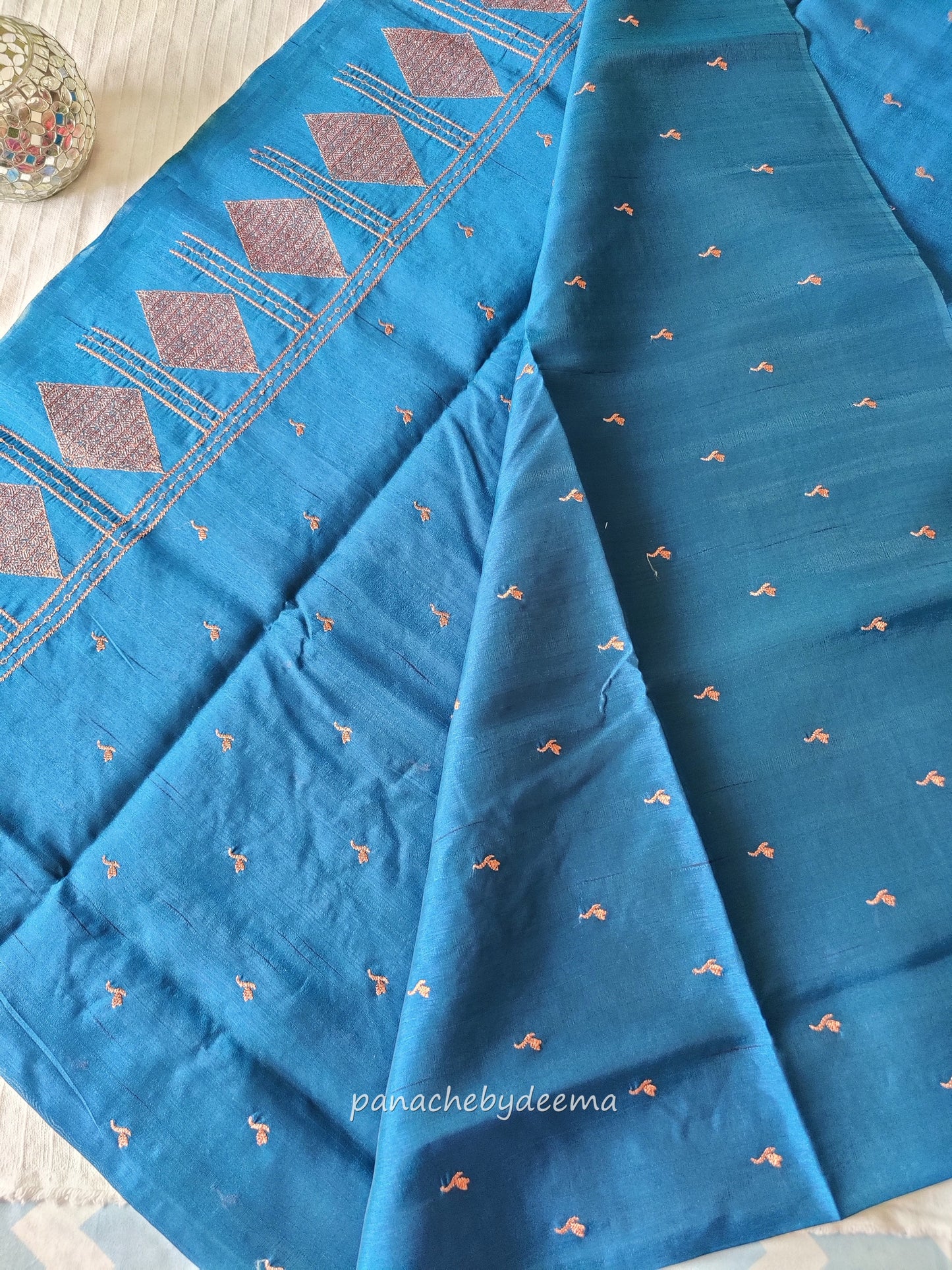 Look festive ready in this premium semi raw silk designer saree with beautiful copper zari embroidery | Teal blue | P15