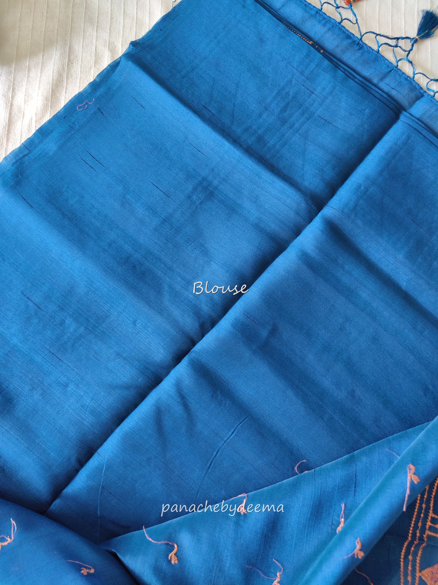 Look festive ready in this premium semi raw silk designer saree with beautiful copper zari embroidery | Teal blue | P15