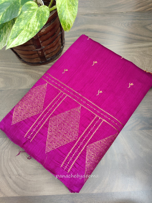 Look festive ready in this premium semi raw silk designer saree with beautiful copper zari embroidery | Magenta | P16