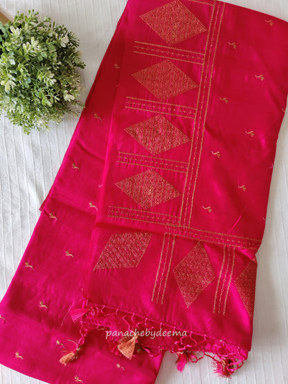 Look festive ready in this premium semi raw silk designer saree with beautiful copper zari embroidery |Rani Pink | P18
