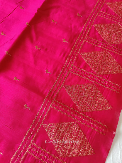 Look festive ready in this premium semi raw silk designer saree with beautiful copper zari embroidery |Rani Pink | P18