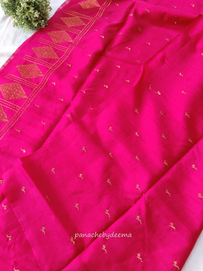 Look festive ready in this premium semi raw silk designer saree with beautiful copper zari embroidery |Rani Pink | P18