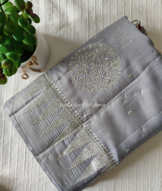 Semi soft silk saree with silver zari embroidery | Light Silver blue  | MS110