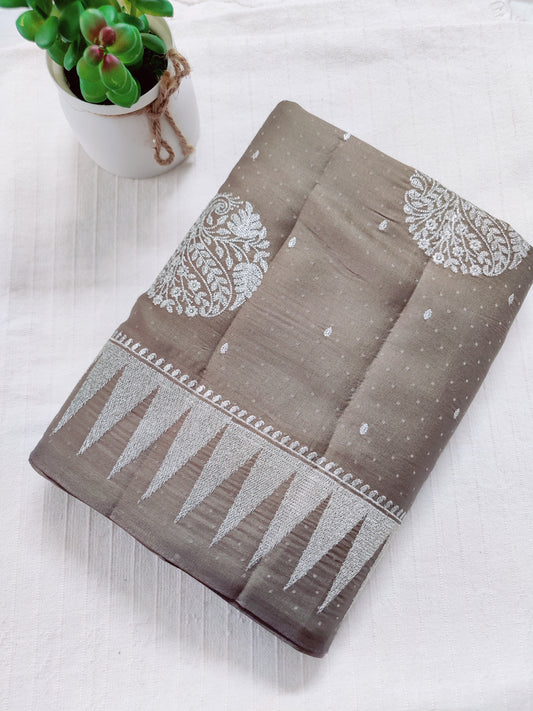 Semi soft silk saree with silver zari embroidery | Pale brown  | MS111