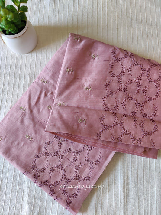 Semi raw silk designer saree with intricate cut work borders and embroidery | Mauve pink | DY14