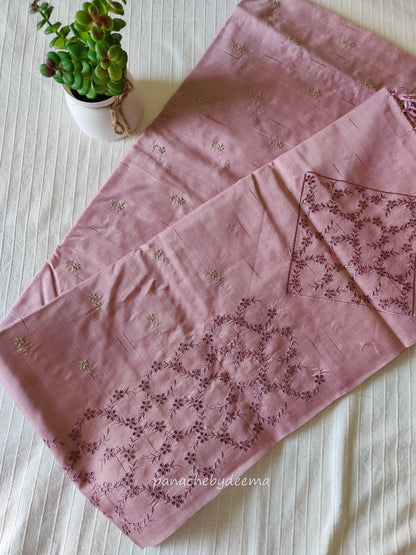 Semi raw silk designer saree with intricate cut work borders and embroidery | Mauve pink | DY14