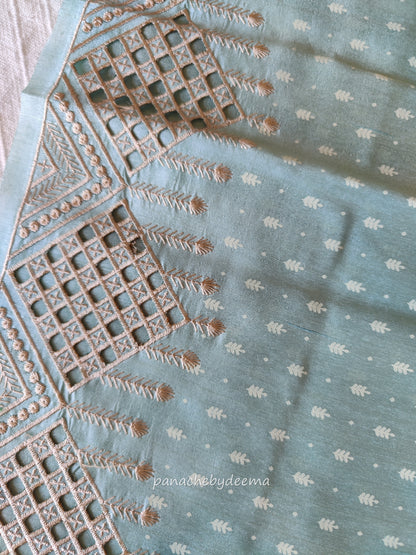 Beautiful semi tussar saree cut work border | Pale blue | CT108
