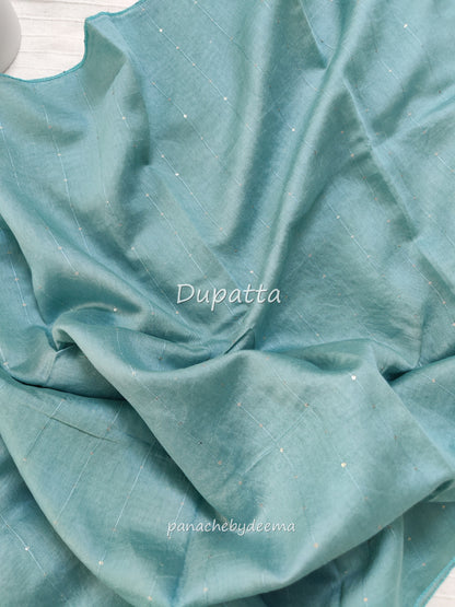 Semi raw silk hakoba material unstitched salwar set | Sea blue| H4