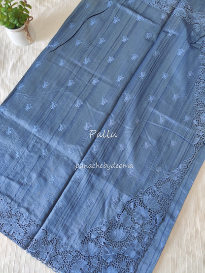 Beautiful semi tussar saree cut work border and embroidery| Blue | STC3