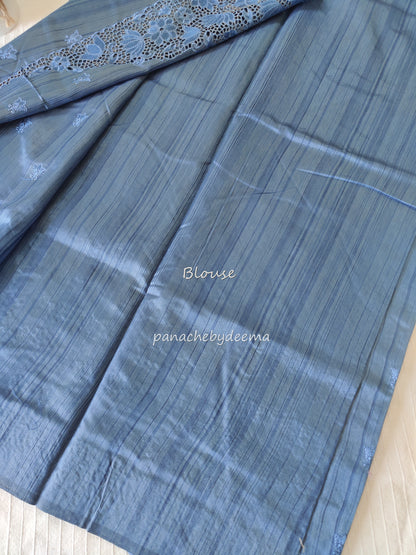Beautiful semi tussar saree cut work border and embroidery| Blue | STC3
