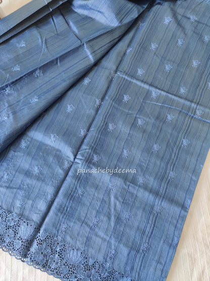 Beautiful semi tussar saree cut work border and embroidery| Blue | STC3
