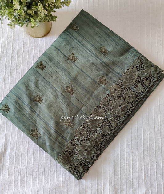 Beautiful semi tussar saree cut work border and embroidery| Green | STC2