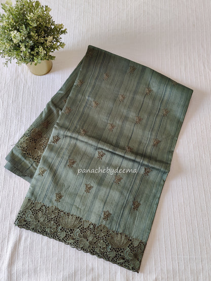Beautiful semi tussar saree cut work border and embroidery| Green | STC2