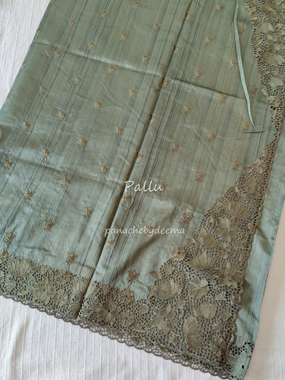 Beautiful semi tussar saree cut work border and embroidery| Green | STC2