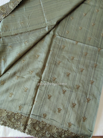 Beautiful semi tussar saree cut work border and embroidery| Green | STC2