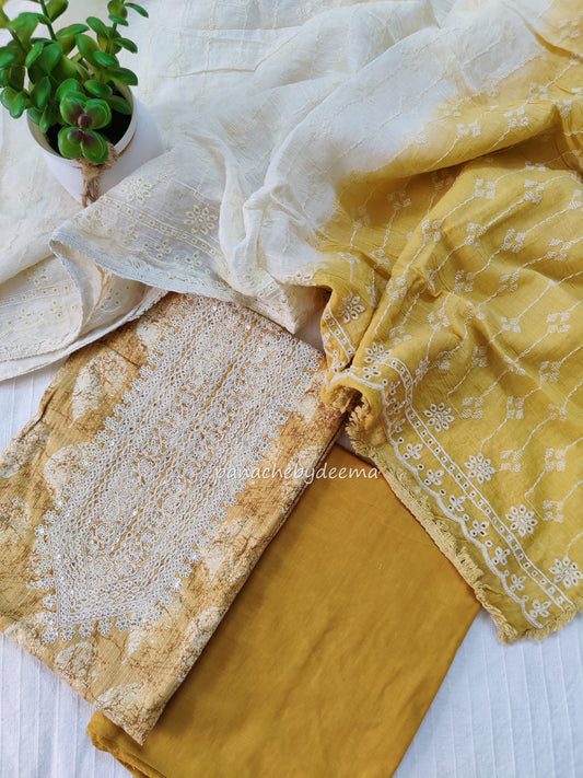 Cotton unstitched salwar set with lace borders and embroidery on yolk portion | Mustard yellow|S5